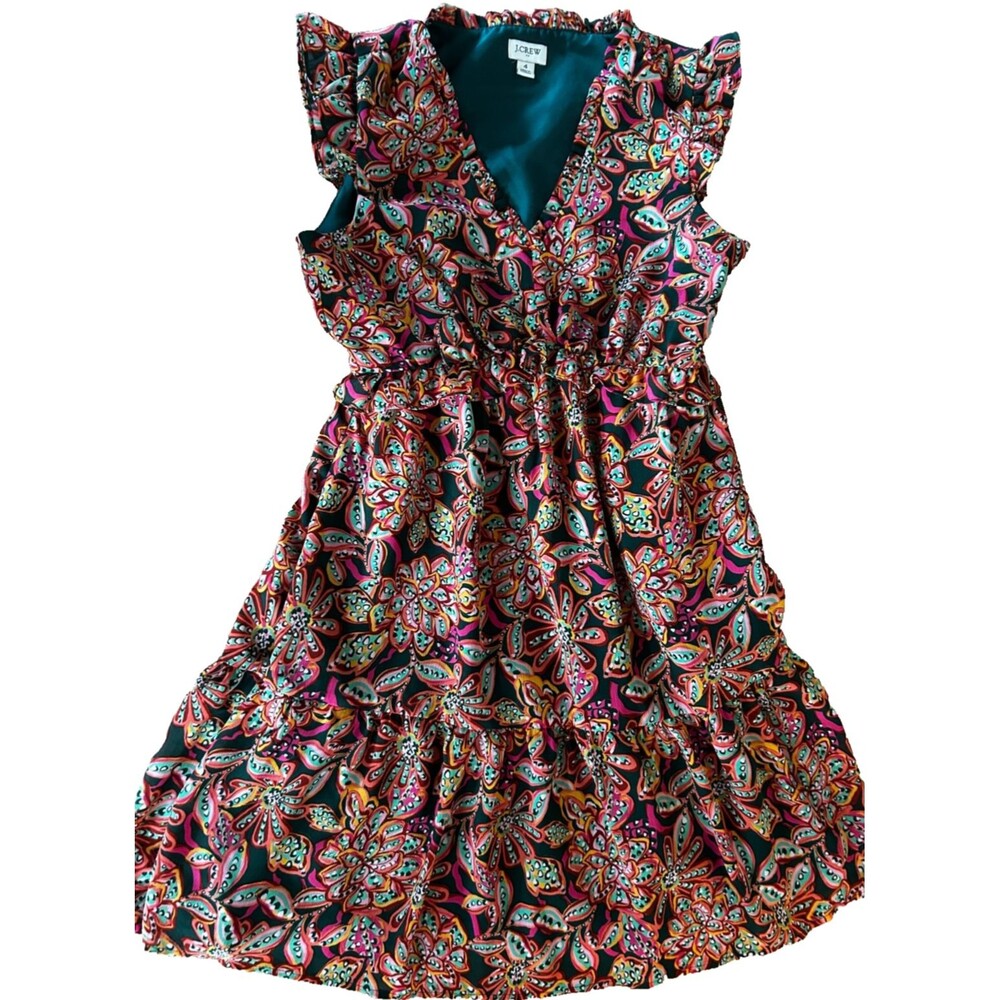 J Crew Women's Lined Green Orange Floral Ruffle V-neck Tiered Dress Size 4